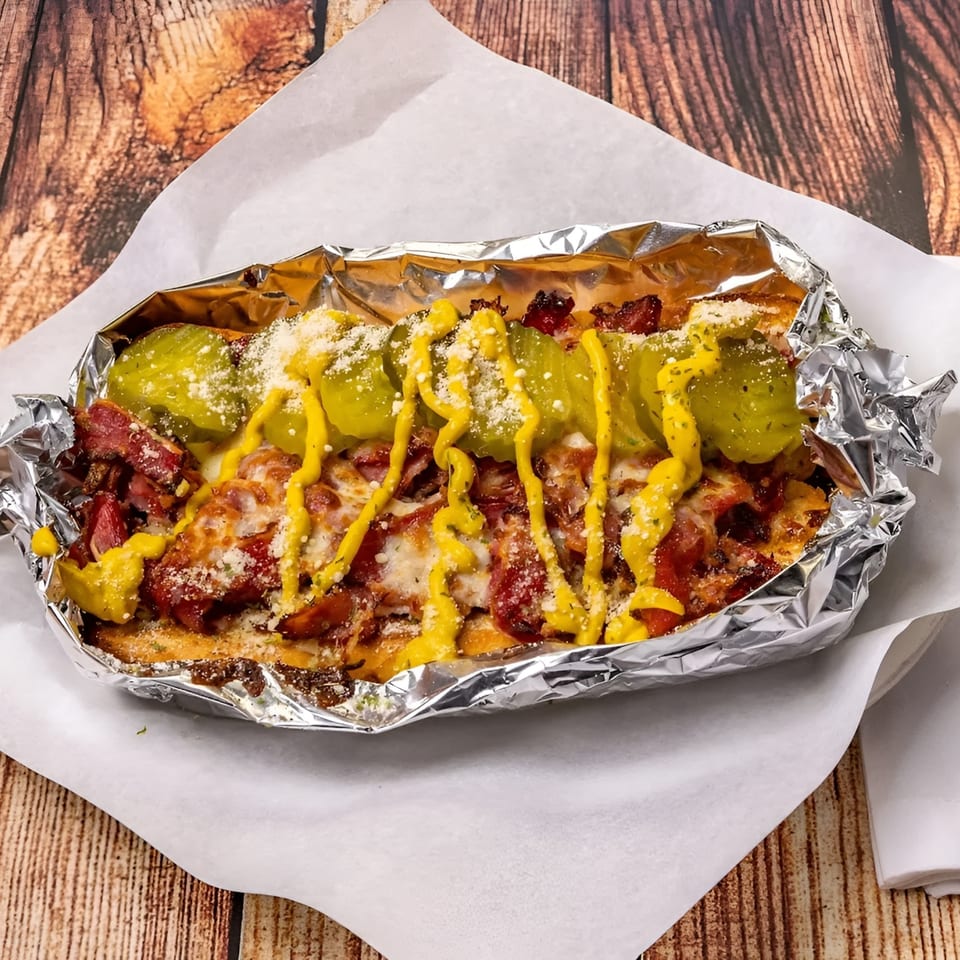 Antonious N&W Pizza's hot dog with pickles, mustard, and cheese in foil on a wooden table.